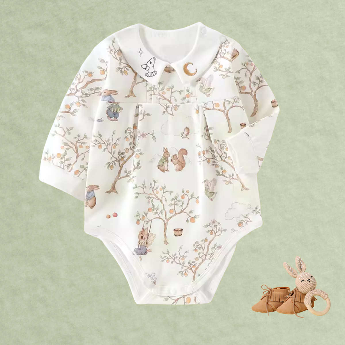 Woodland Orchard 100% cotton baby romper with trees, rabbits and squirrel print