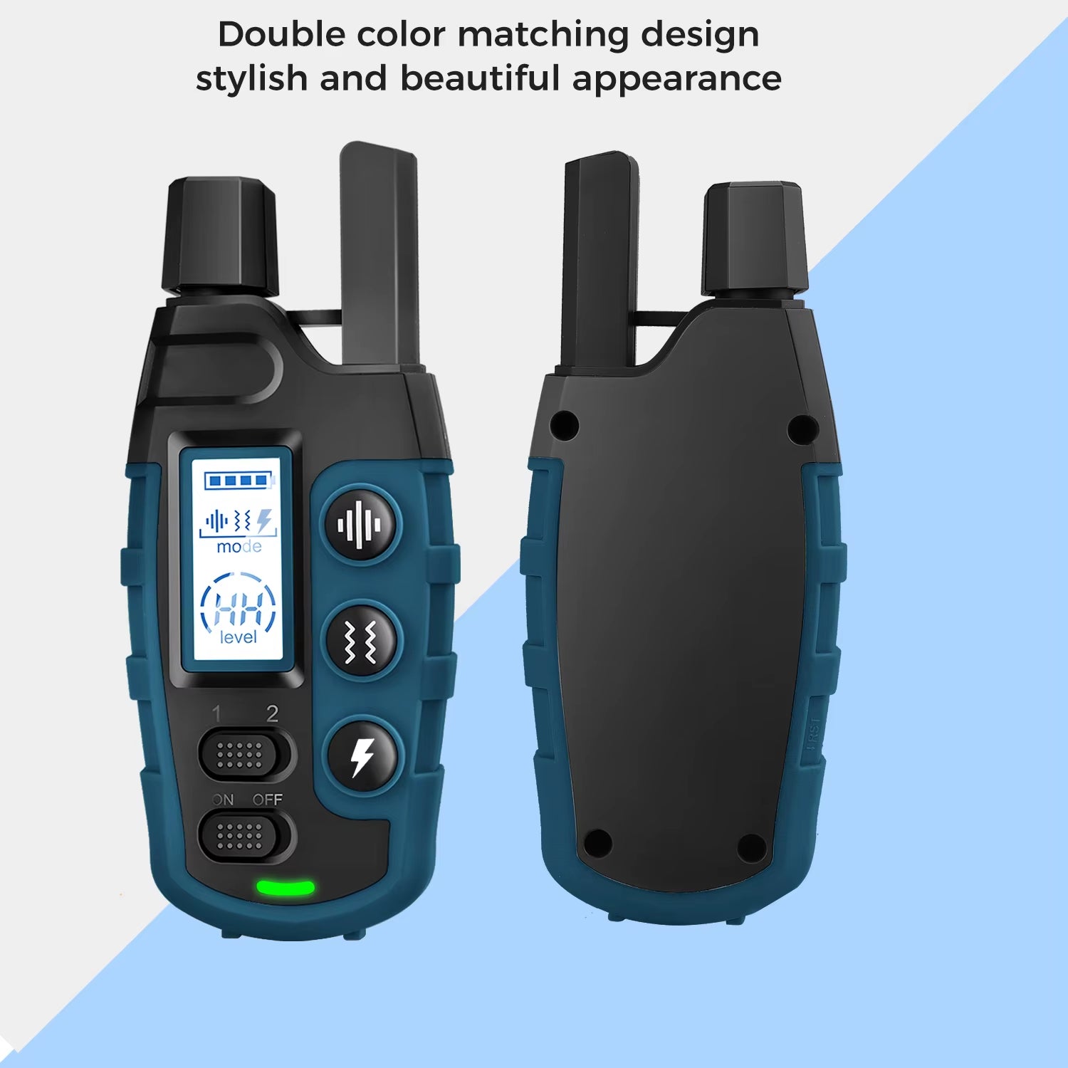 "Front and back view of no-shock dog training remote with bright blue and black double-color design."