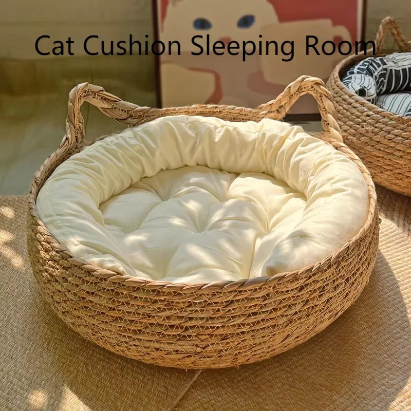 Four Seasons Universal Handmade Vine Woven Cat Nest with Detachable Washable Warmth Pad - Perfect Winter Pet Accessory!