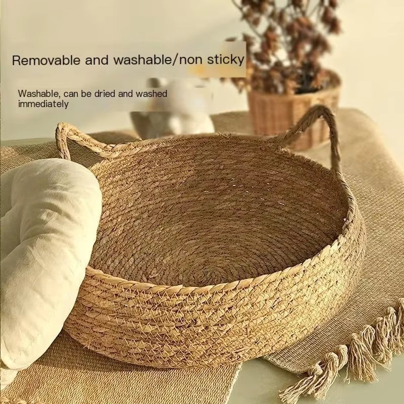 Four Seasons Universal Handmade Vine Woven Cat Nest with Detachable Washable Warmth Pad - Perfect Winter Pet Accessory!