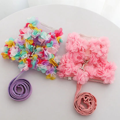Colorful and pink Rose harness dresses with matching leashes on a white background.
