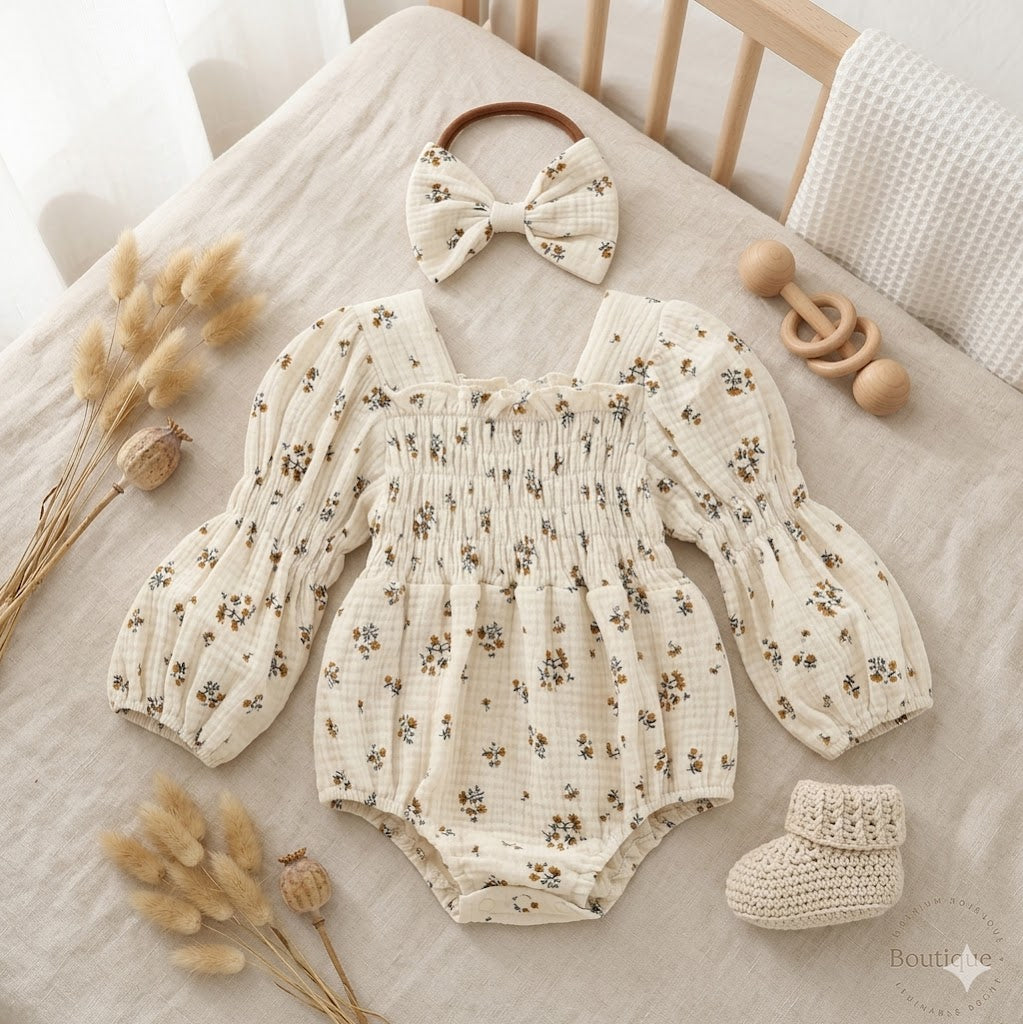 Cream bloom baby romper set with matching headband.