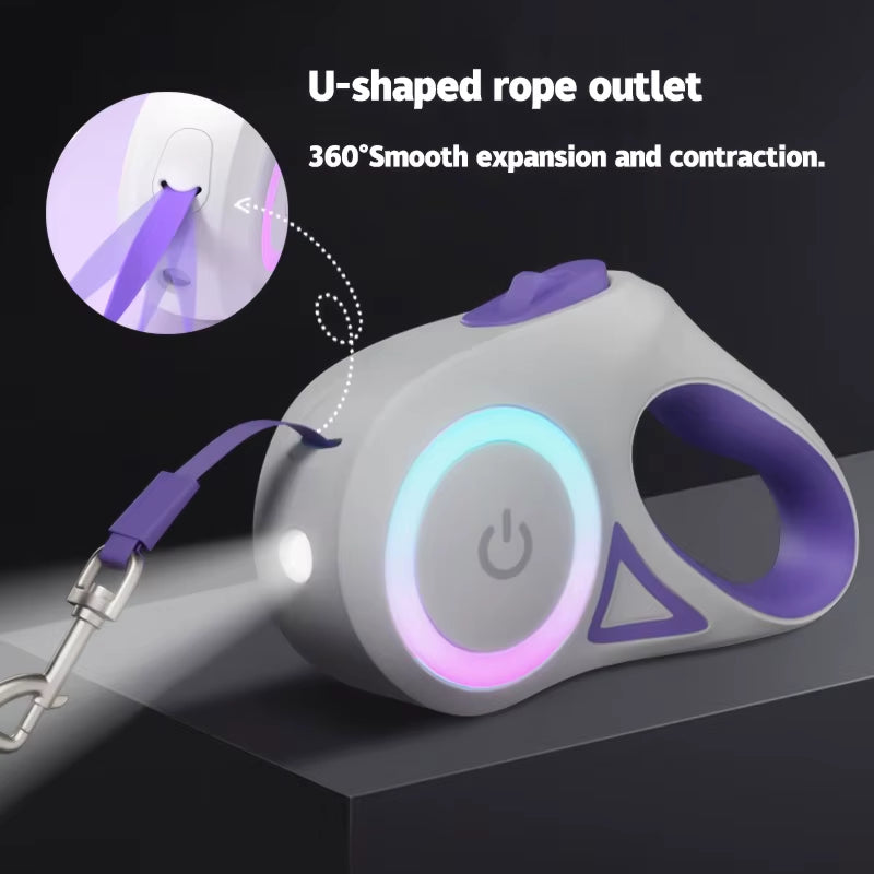 “LED retractable dog leash with U-shaped rope outlet, 360° smooth expansion and contraction, durable ABS casing and nylon leash in purple design.”