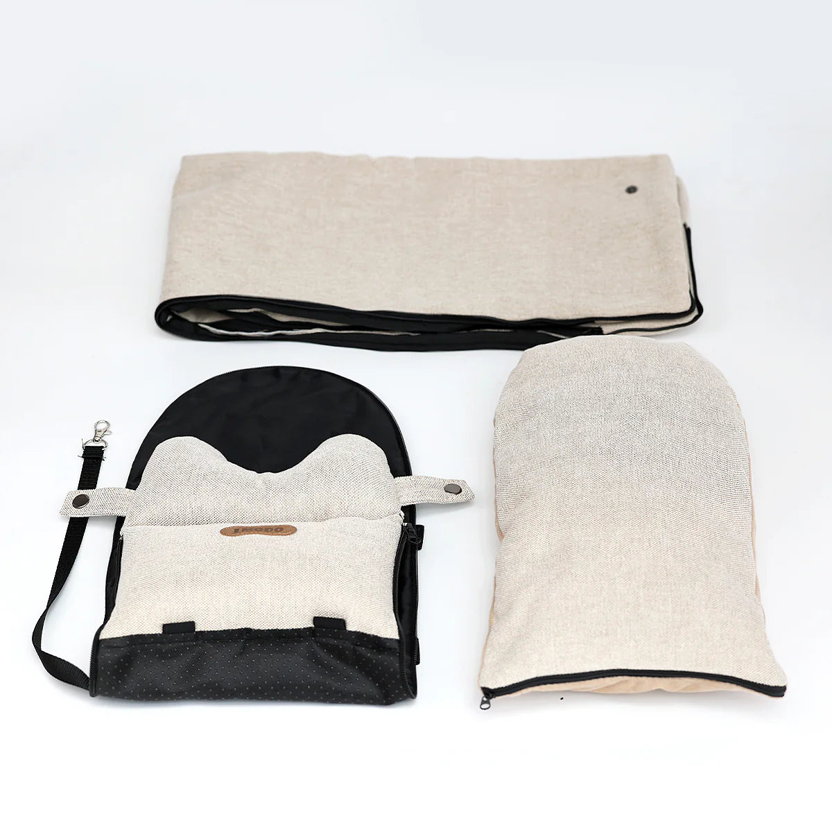“Disassembled parts of luxury portable pet car seat bed including cushion, cover, and safety strap”