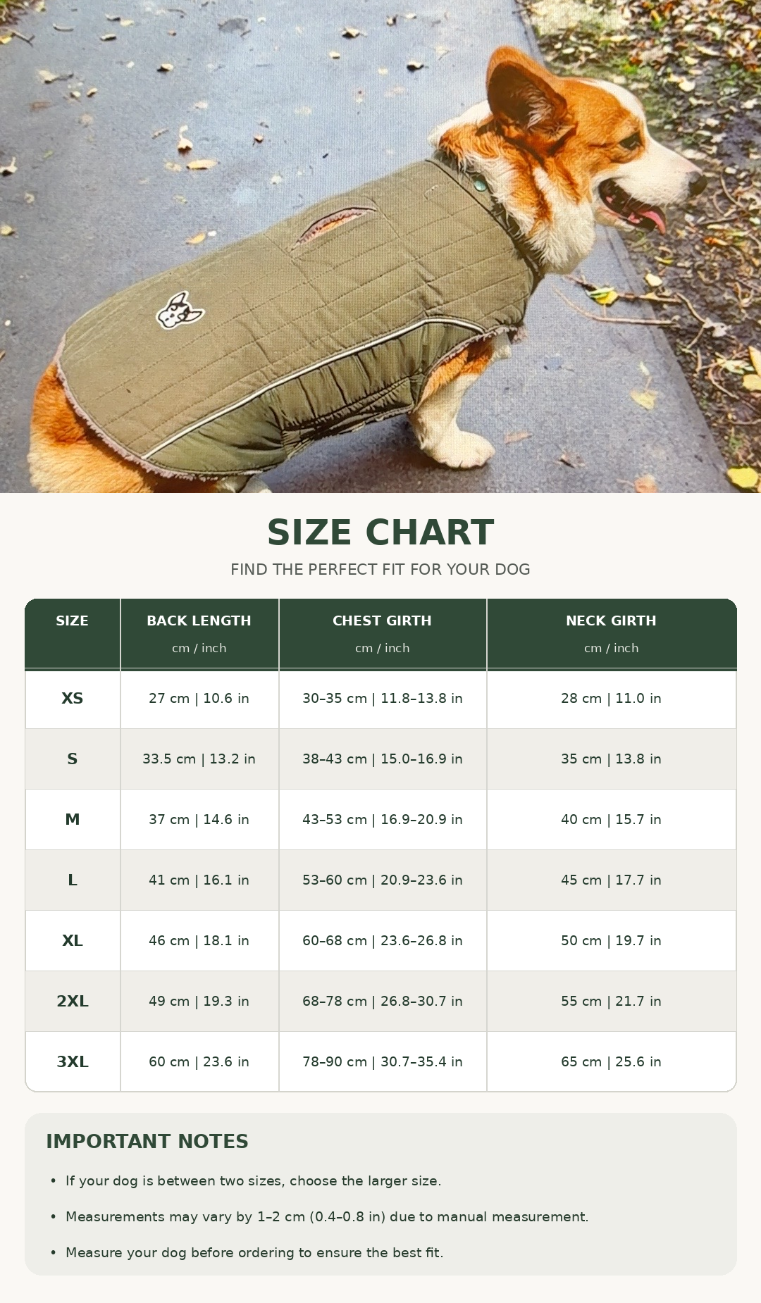 Olive green quilted dog winter coat size chart showing XS through 3XL with back length, chest girth and neck girth measurements in centimeters and inches