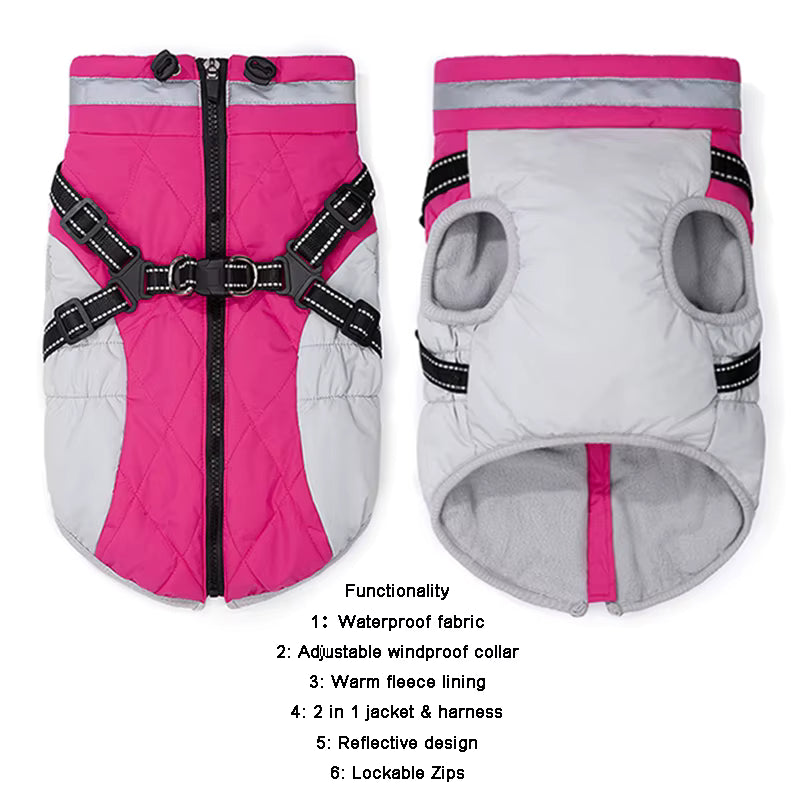 Two views of pink/gray waterproof winter dog jacket with harness straps