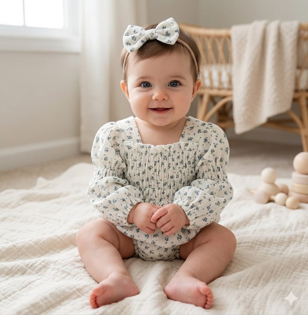 Baby wearing a sage bloom floral romper set with matching headband, sitting.