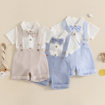 Three baby suspender romper sets in sand beige, classic blue, and powder blue white displayed on a light background.